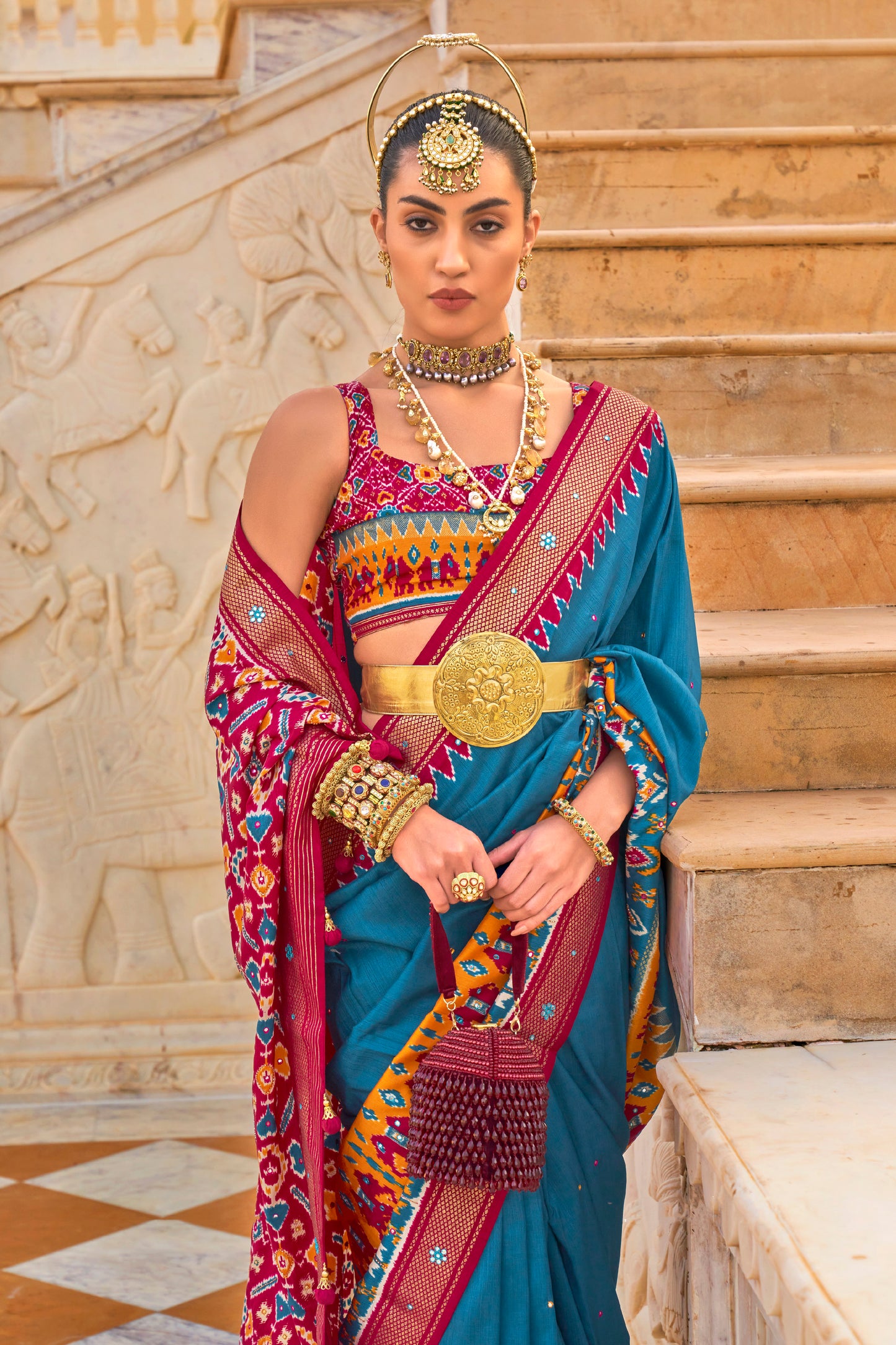 Turquoise & Yellow Patola Inspired Designer Embellished Bordered Saree