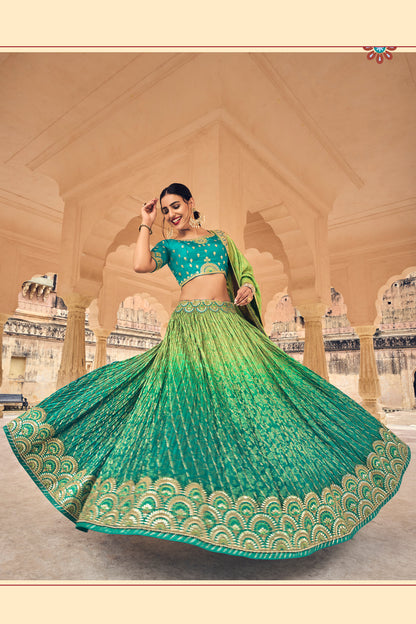 Gotta Embroidered Crushed Silk Lahenga with Teal Blouse and Green Dupatta