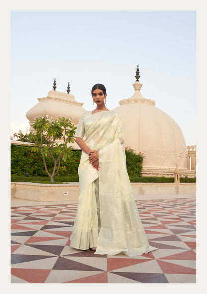 Light Yellow Creme Woven Linen Silk Saree Blouse with Banarasi Butti
