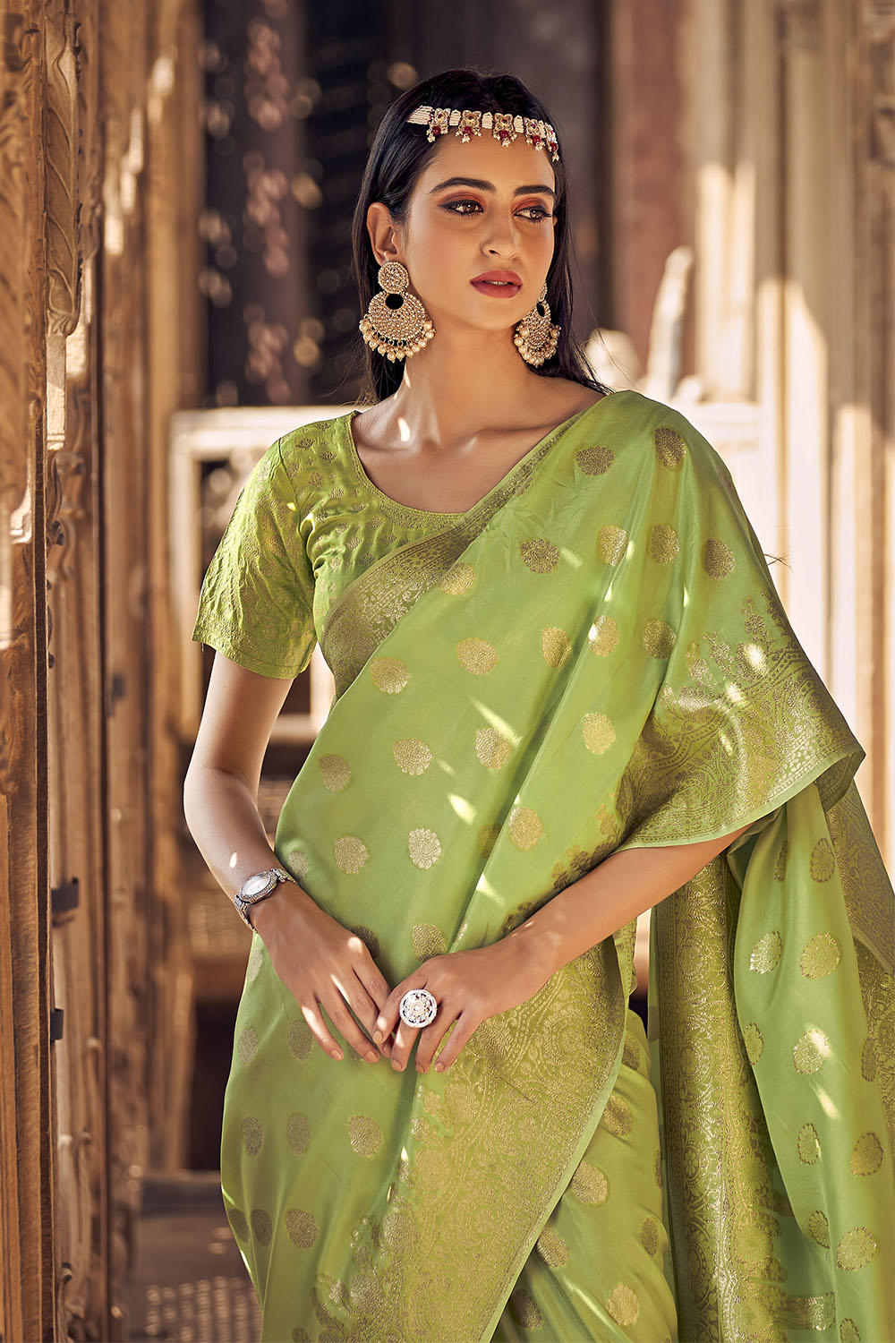 Light Green Woven Banarasi Skirt Border Saree with Zari Weaving