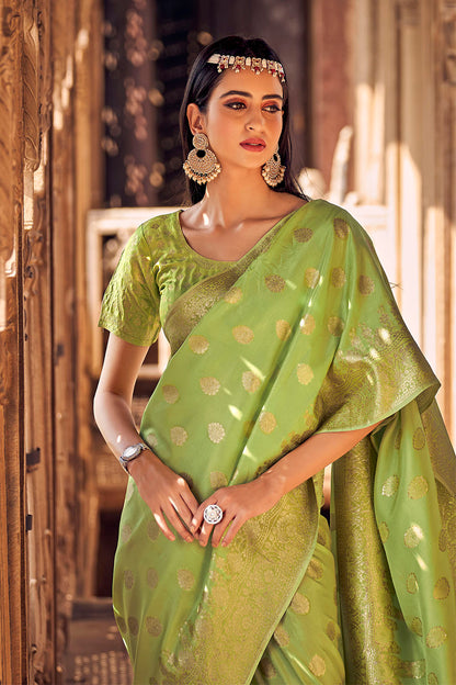 Light Green Woven Banarasi Skirt Border Saree with Zari Weaving