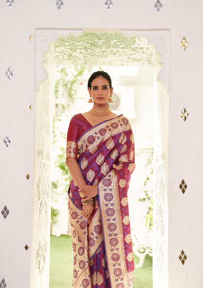 Ecru Purple  Stunning Zari Woven Kanjivaram Silk Saree