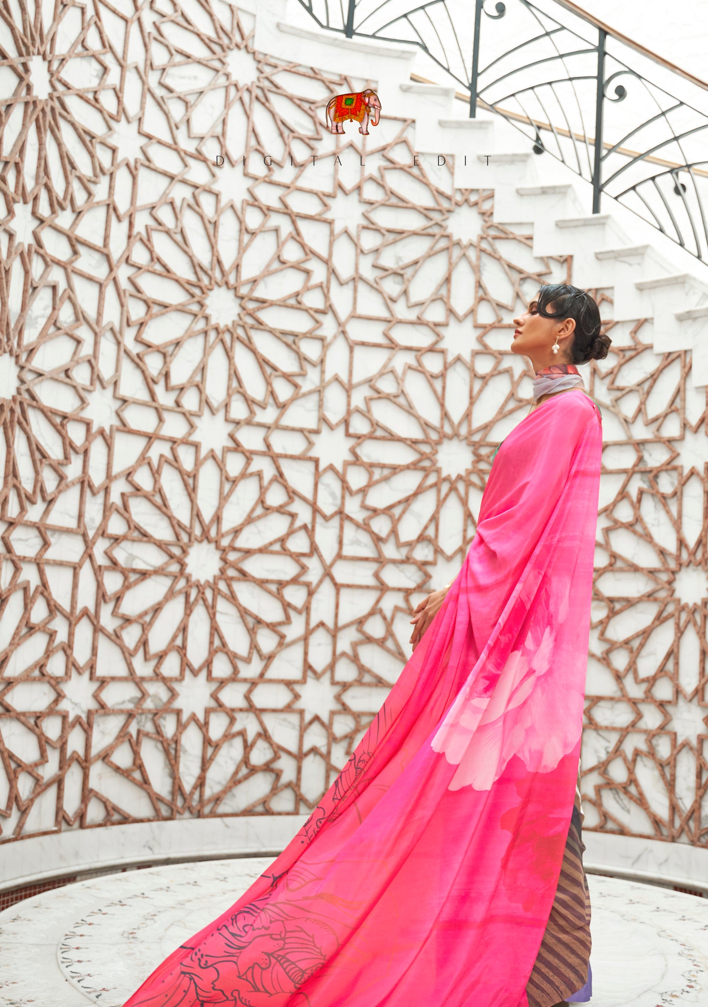 Shocking Pink with Multi Printed Designer Silk Saree with Blouse