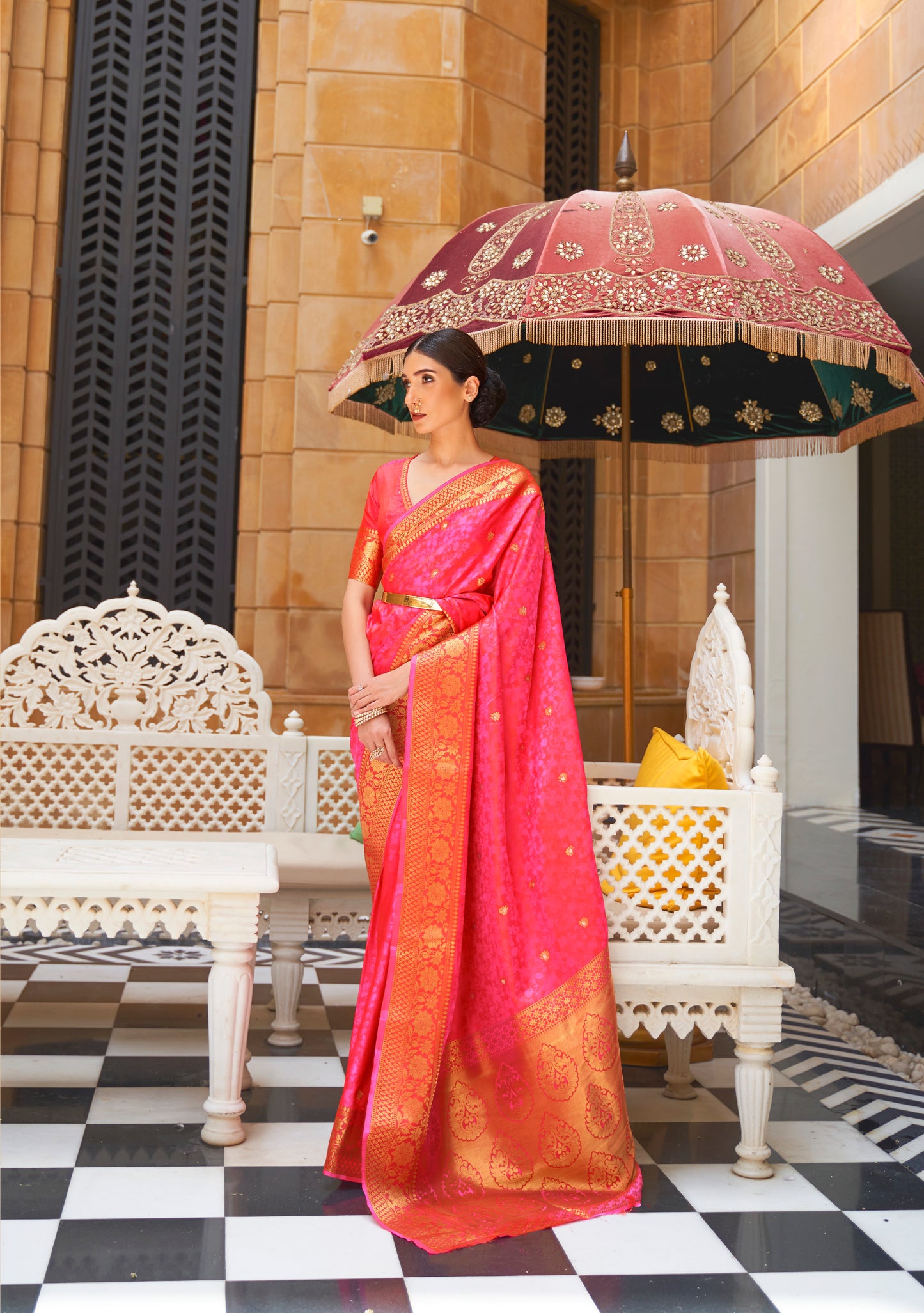 Candy Pink Soft Banarasi Silk Saree with Golden Zari Woven Border