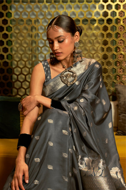 Lava Gray Floral Petals Banarasi Silk Saree with Designer Blouse for Women