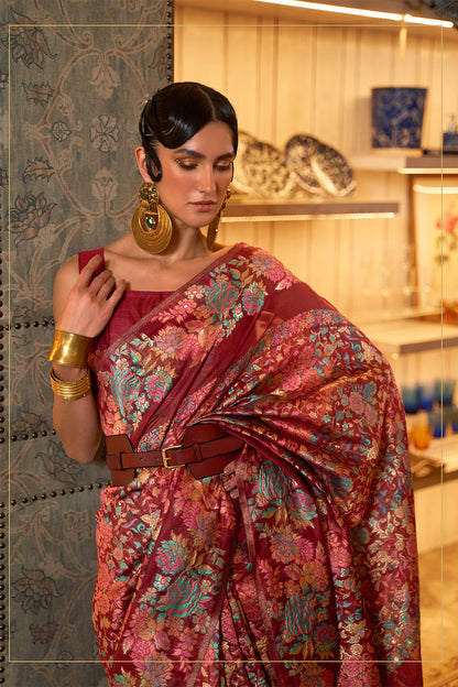 Garnet Red Woven Designer Kani Saree with Floral Weaving in Pallu and Border in Pure Modal Silk