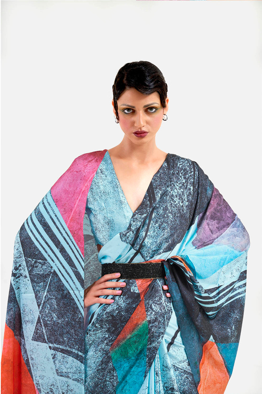 Light Blue with Black  Designer Pure Satin Silk Saree with Blouse