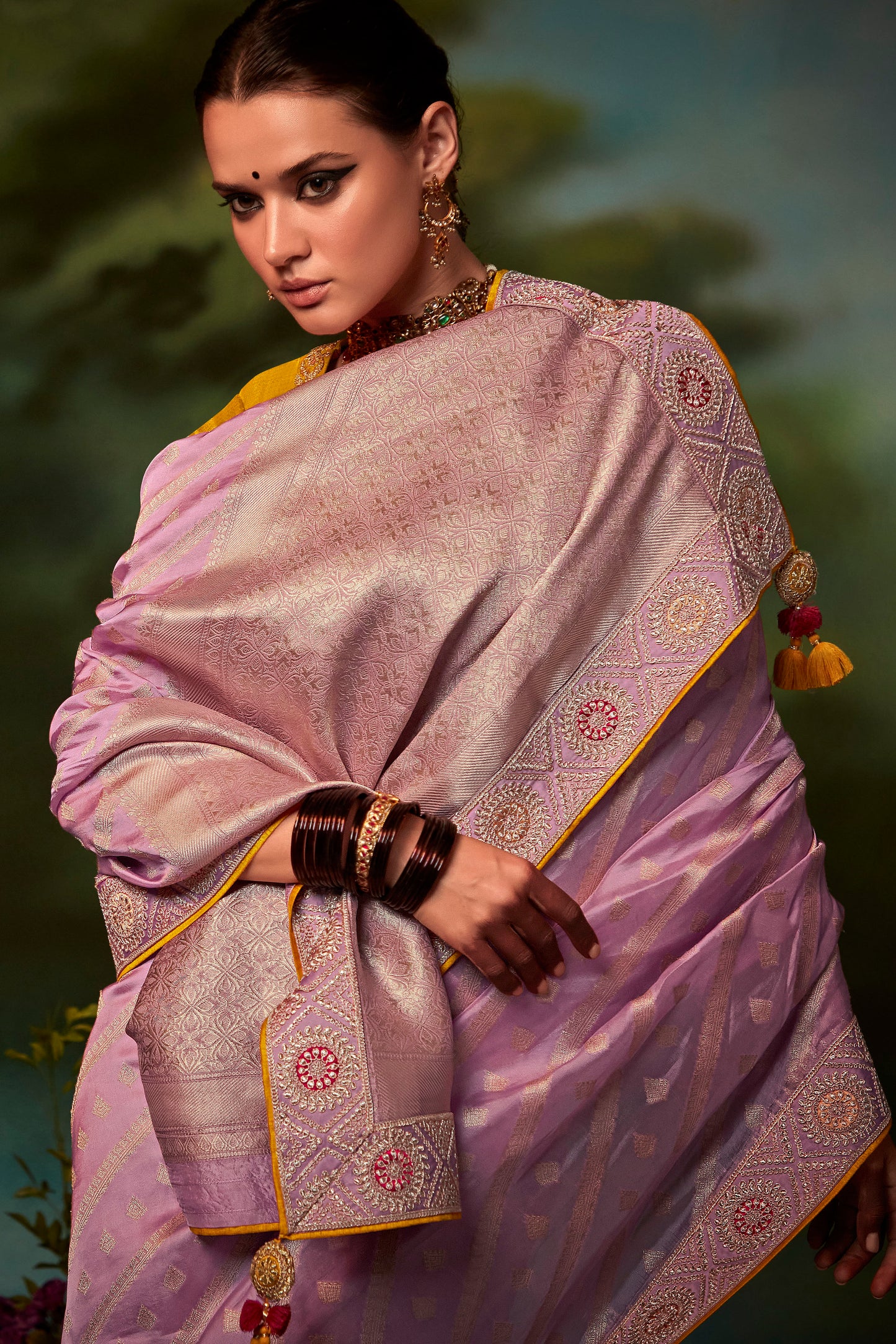 Purplish Pink Feather Light Organza Saree with Designer Blouse