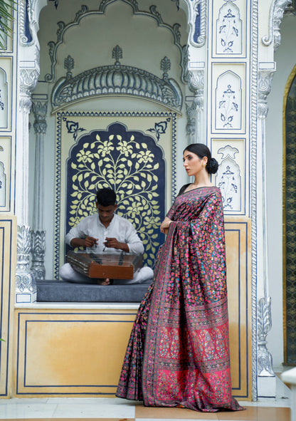 Jet Black Kashmiri Handloom Modal Silk Woven Kani Saree for Weddings