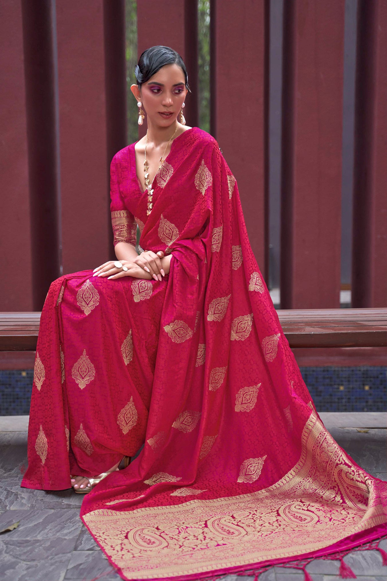 Dark Pink Woven Style Kanjivaram Silk Saree with Woven Design