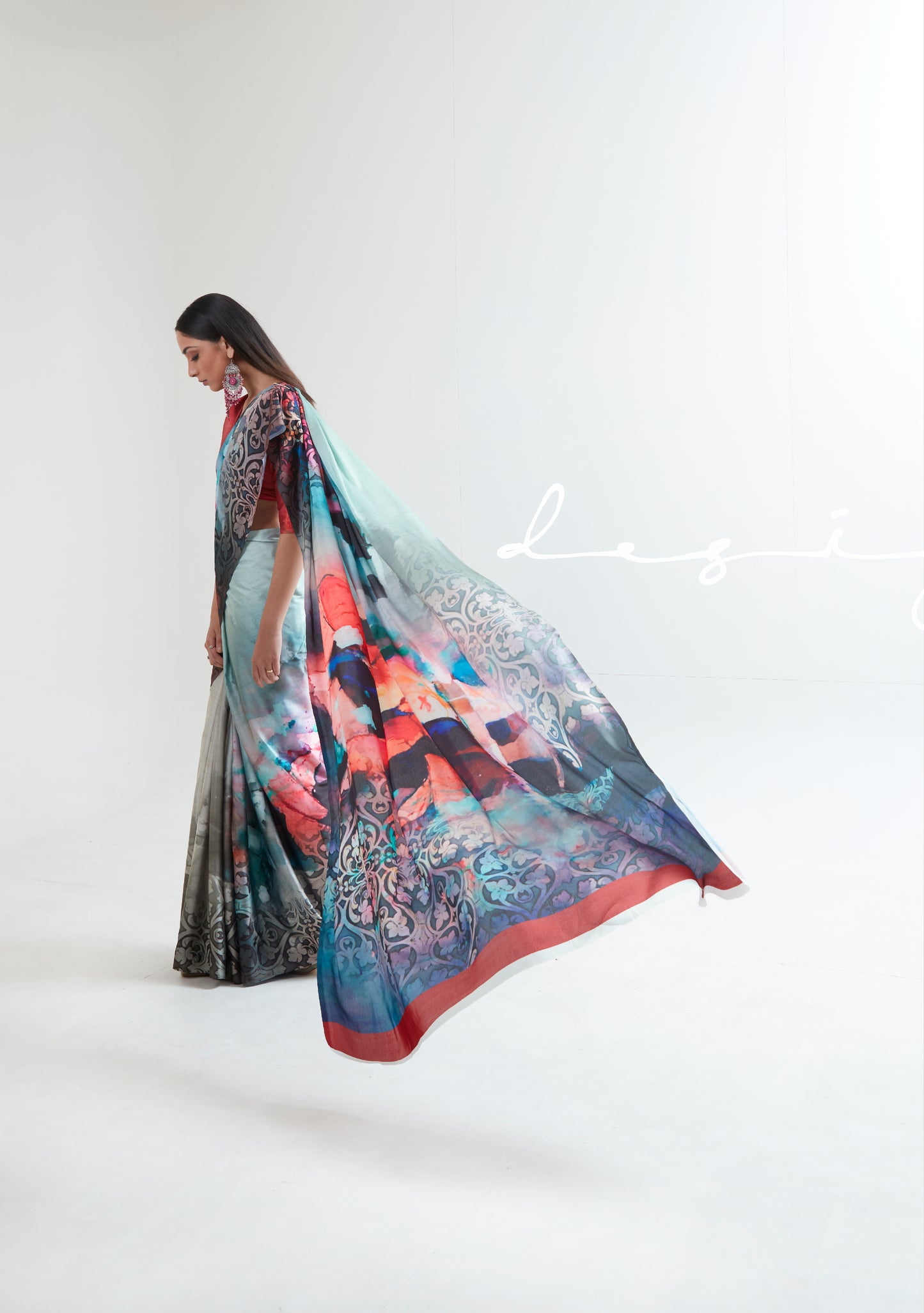 Grey Blue Abstract 3D Printed Pure Satin Silk Saree for Weddings