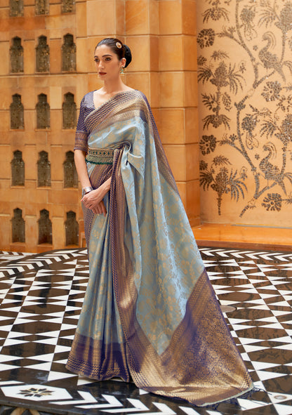 Greyish Blue  Soft Kanjivaram Silk Saree with Blouse