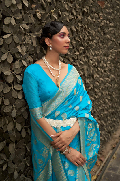 Bright Sky Blue Banarasi Zari Woven Soft Silk Saree