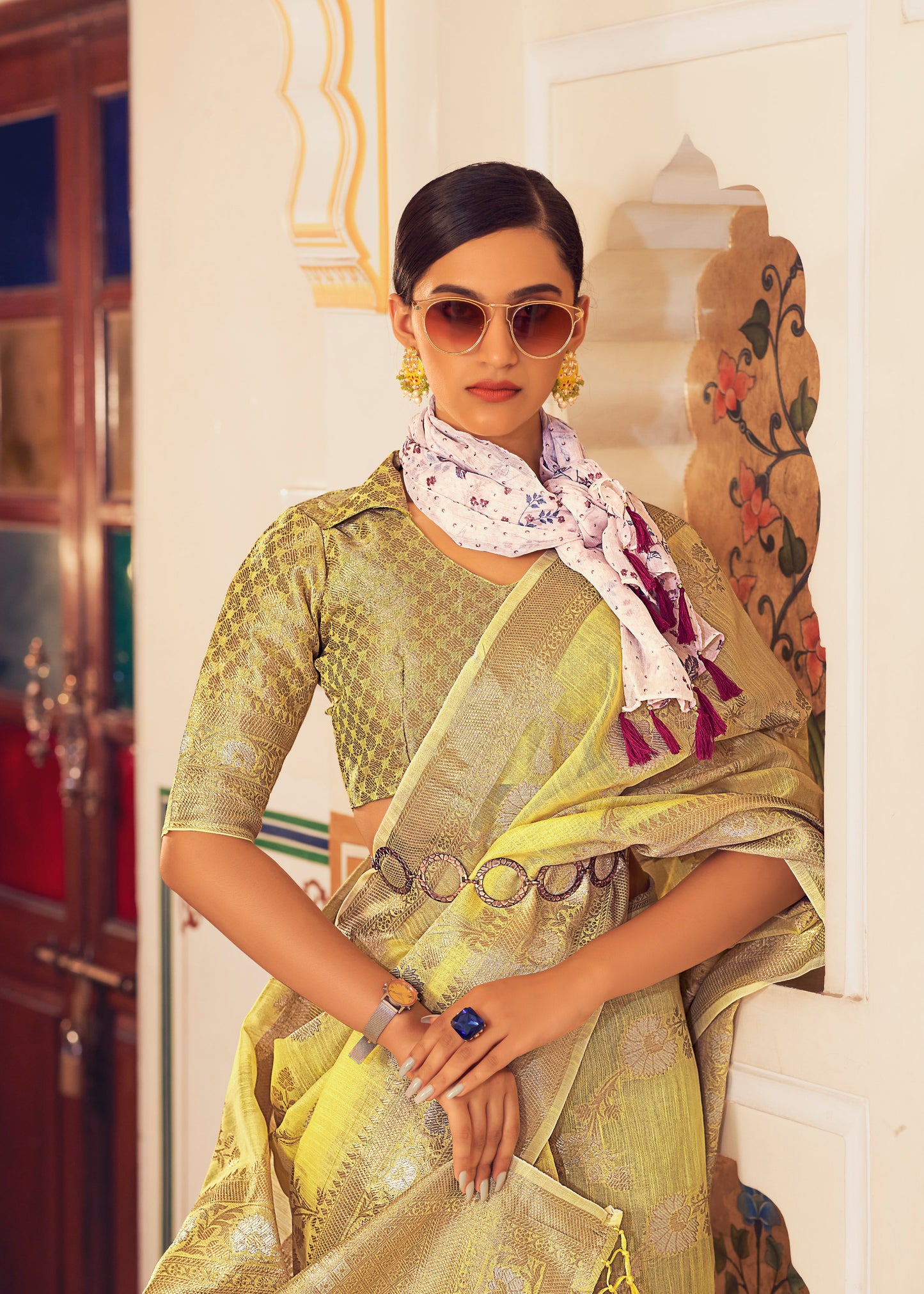 Lemon Yellow Vintage Zari Woven Linen Silk Saree