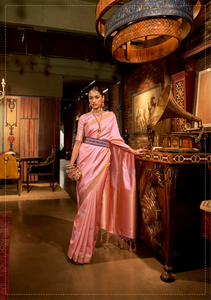 Rose Pink Designer Kanjivaram Saree With Copper Zari Pallu