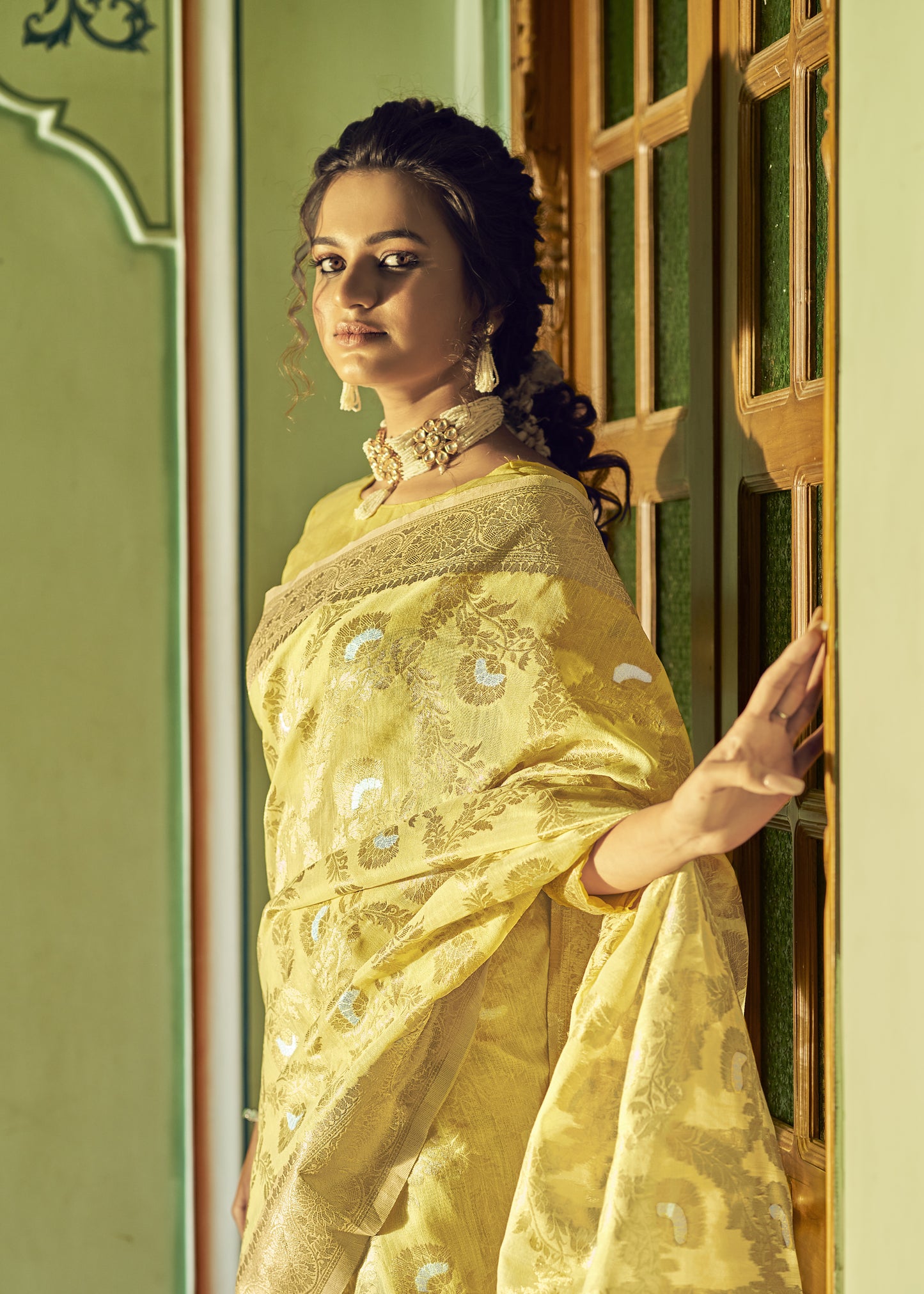 Sparkling Yellow Banarasi Jungla Jaal Zari Woven Saree for Weddings