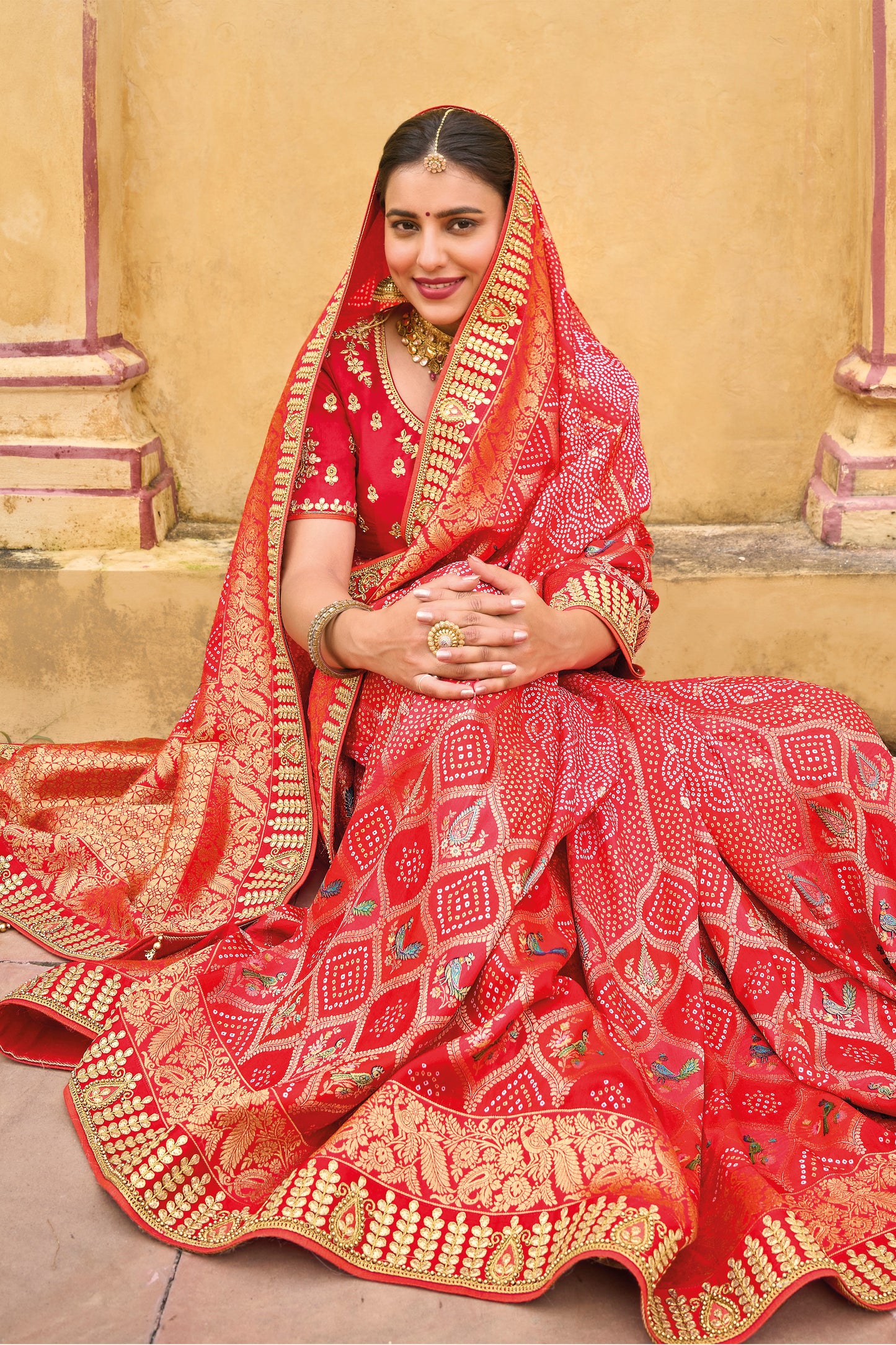 Strawberry Red Bandhani Style Soft Dola Silk Saree with Red Blouse