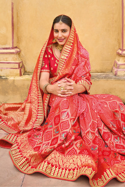 Strawberry Red Bandhani Style Soft Dola Silk Saree with Red Blouse