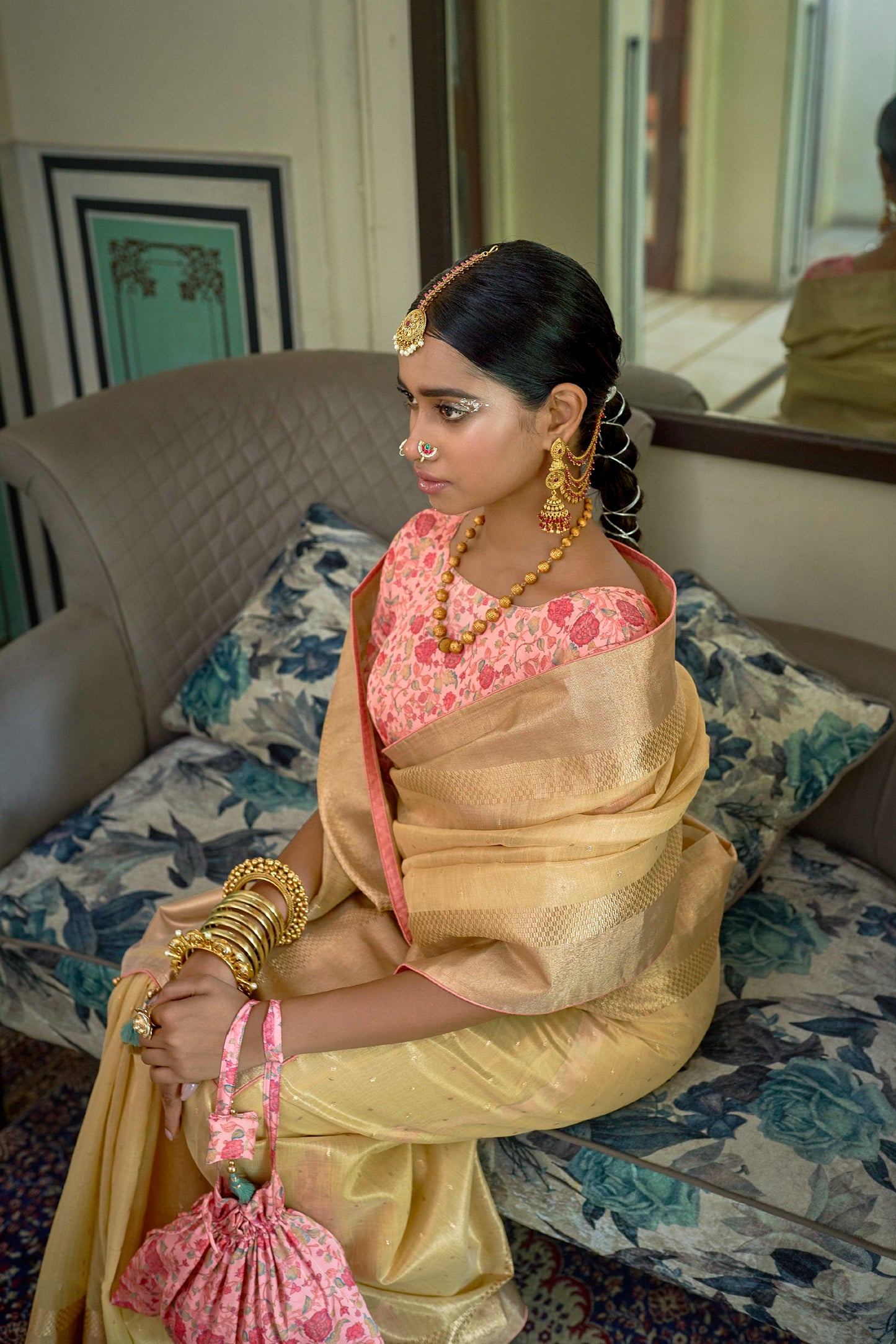 Banana Yellow Soft Organza Saree with Printed Floral Blouse