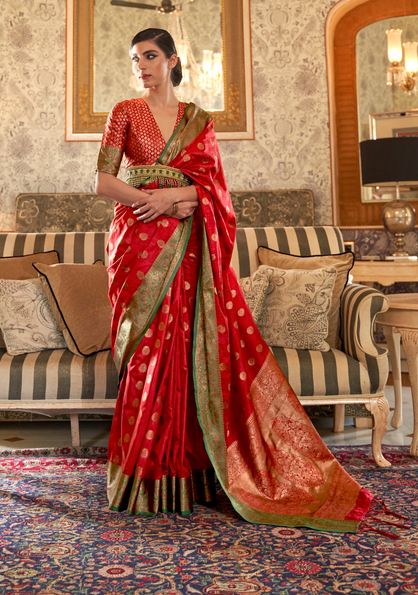 Crimson Red and Golden Banarasi Weaving Silk Saree for Wedding Reception