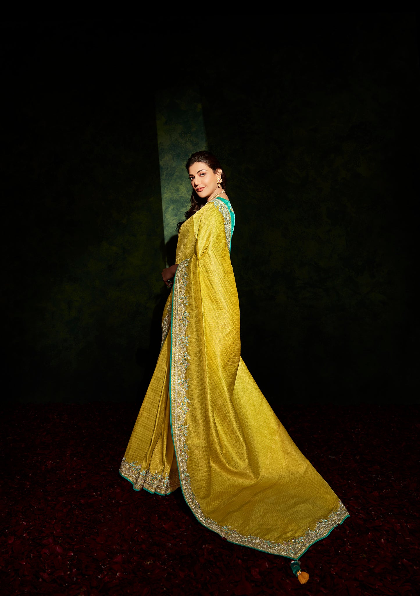 Canary Yellow Soft Organza Saree with Teal Embroidered Blouse