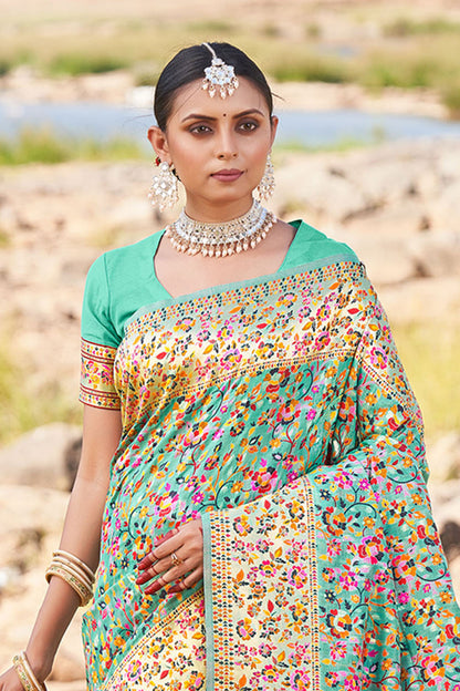 Light Teal Woven Kashmiri Designer Saree with Intricate Zari Border and Pallu