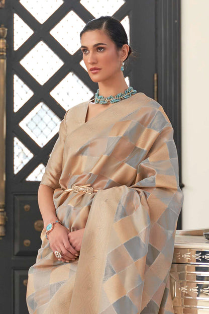 Grey Golden Soft Banarasi Organza Silk Saree with Blouse