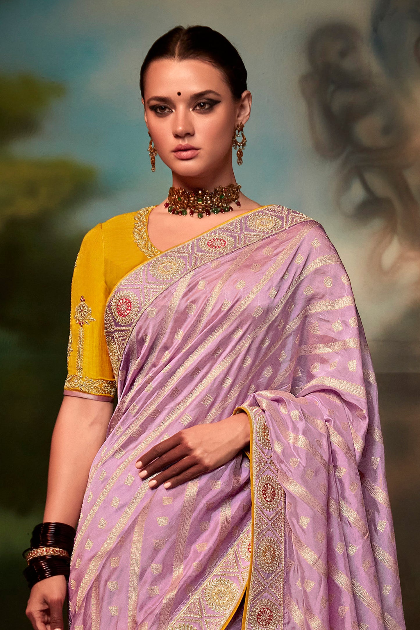 Purplish Pink Feather Light Organza Saree with Designer Blouse