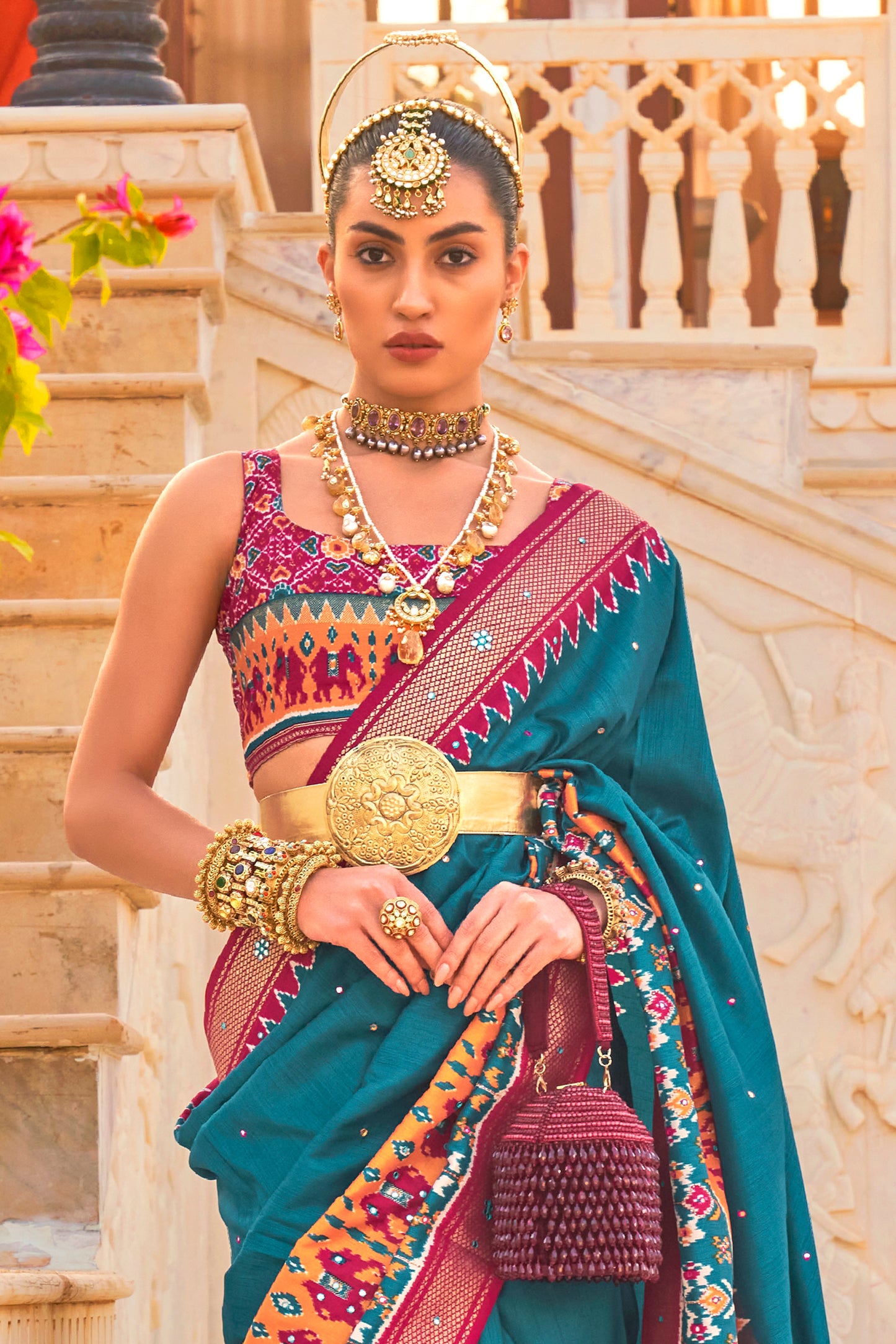 Turquoise & Yellow Patola Inspired Designer Embellished Bordered Saree