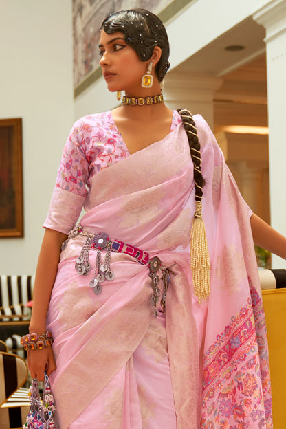 Soft Pink Chanderi Inspired Woven Saree with Kashmiri Pallu and Blouse