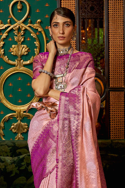 Light Pink Shimmer Silk Kanjivaram Style Saree with Purple Border