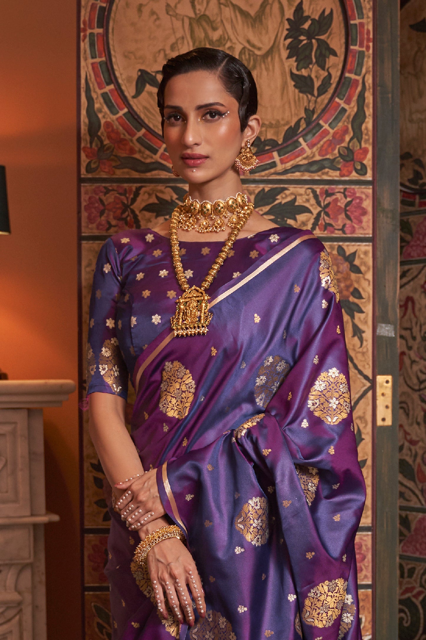 Royal Purple Pure Satin Weaving Silk Saree with Dual Zari Butti