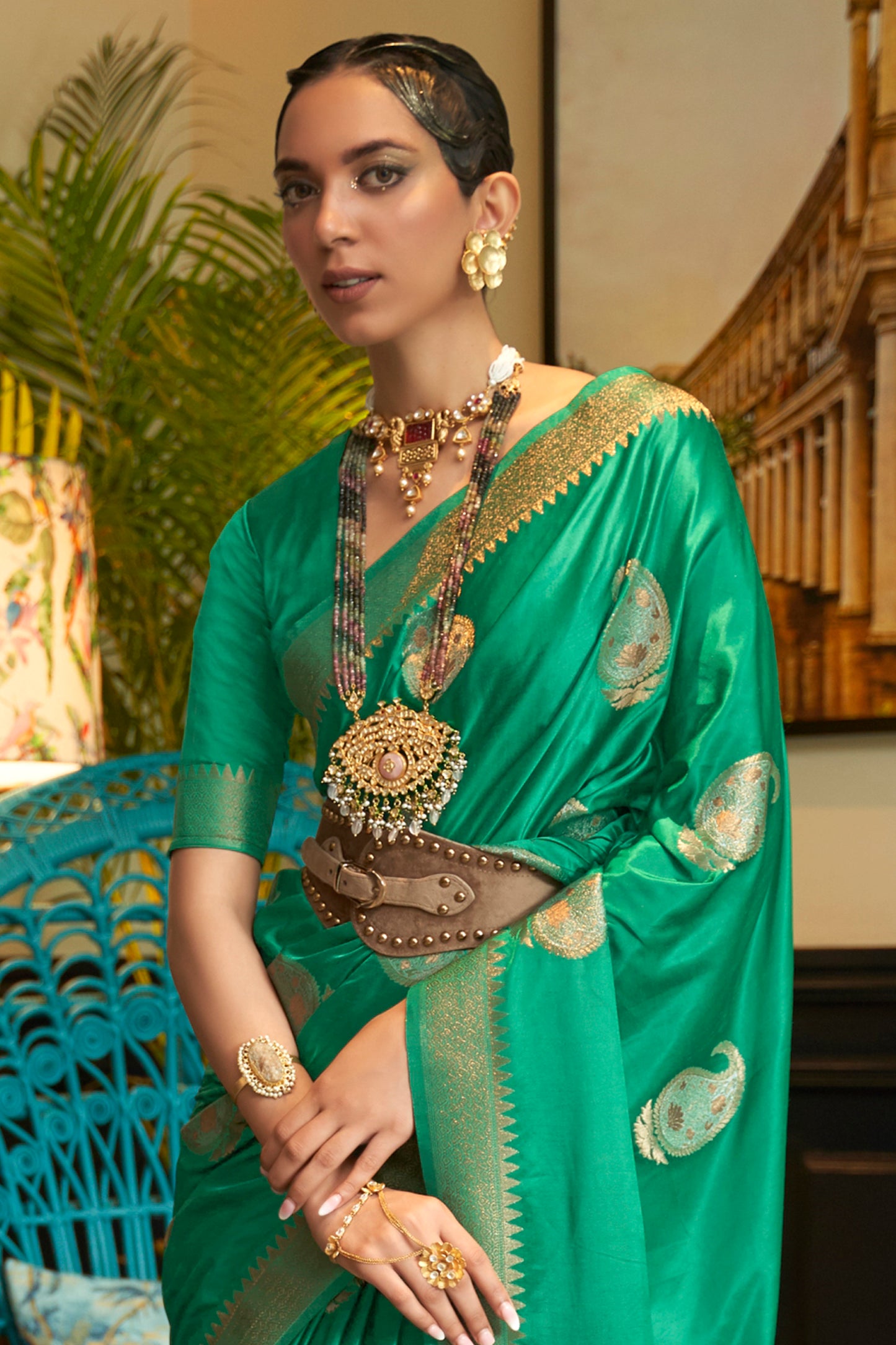 Persian Green Pure Satin Two Tone Weaving Silk Saree For Wedding