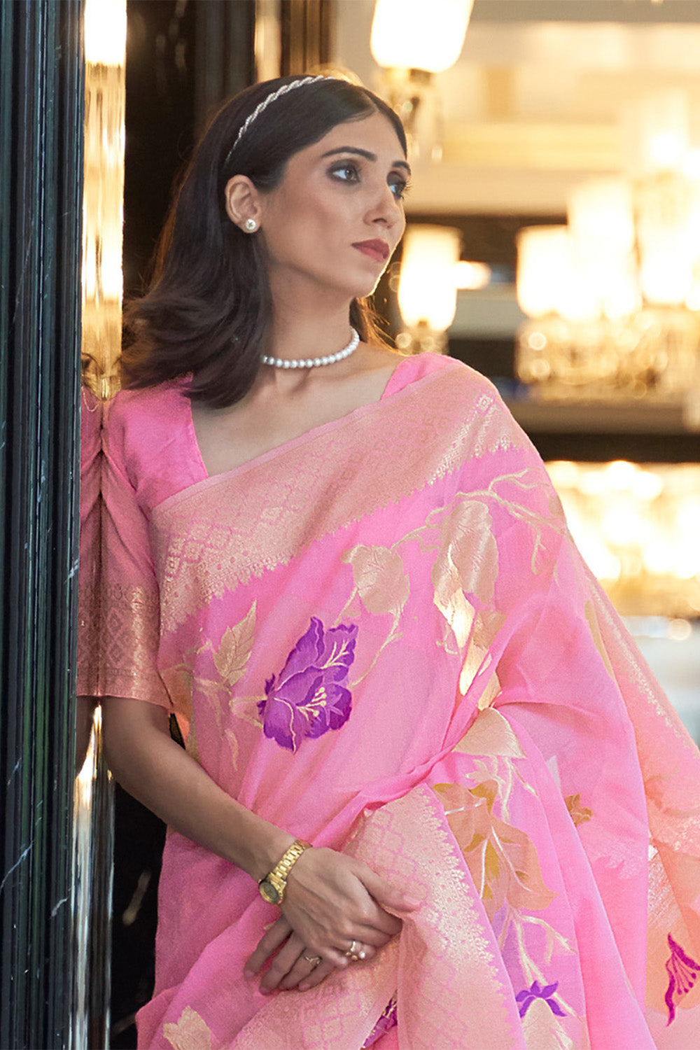 Carnation Pink  Zari Woven Floral Pallu Linen Saree.