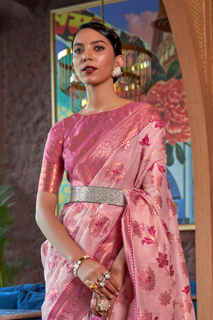 Watermelon Pink Copper Zari Woven Floral Soft Organza Saree