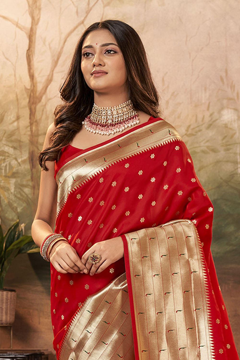 Apple Red Banarasi Paithani Saree with Parrot Pallu and Broad Zari Border