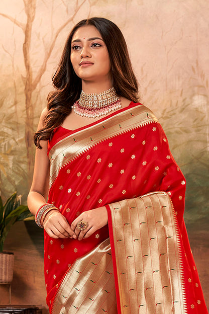 Apple Red Banarasi Paithani Saree with Parrot Pallu and Broad Zari Border