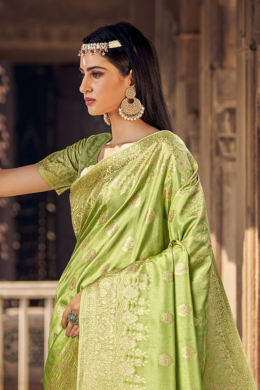 Light Green Woven Banarasi Skirt Border Saree with Zari Weaving