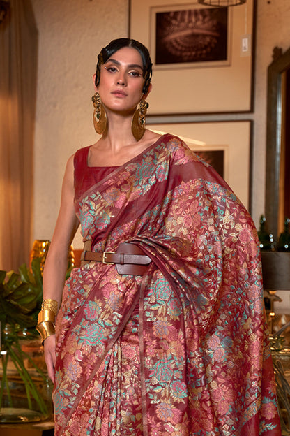 Garnet Red Woven Designer Kani Saree with Floral Weaving in Pallu and Border in Pure Modal Silk