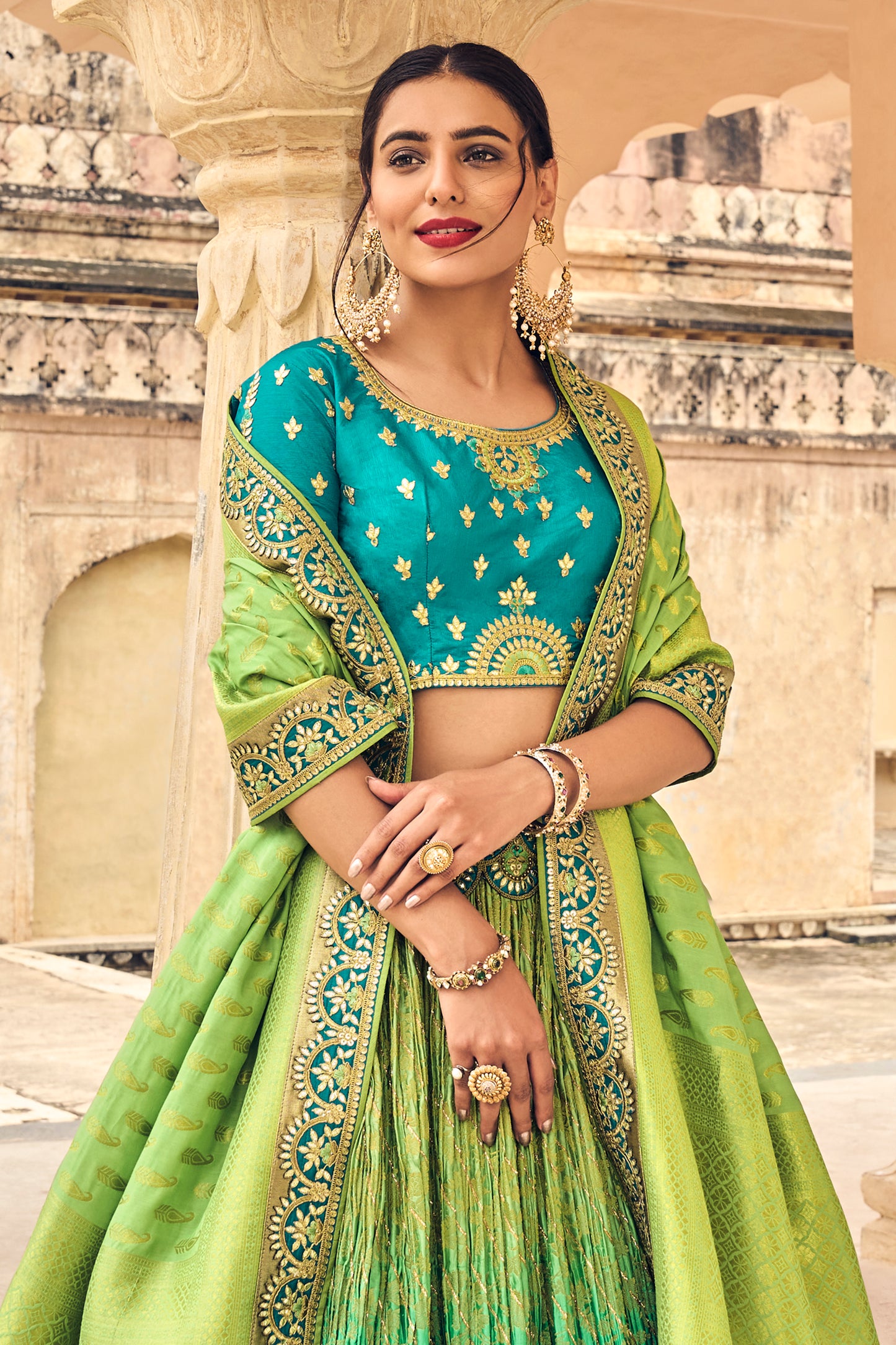 Gotta Embroidered Crushed Silk Lahenga with Teal Blouse and Green Dupatta