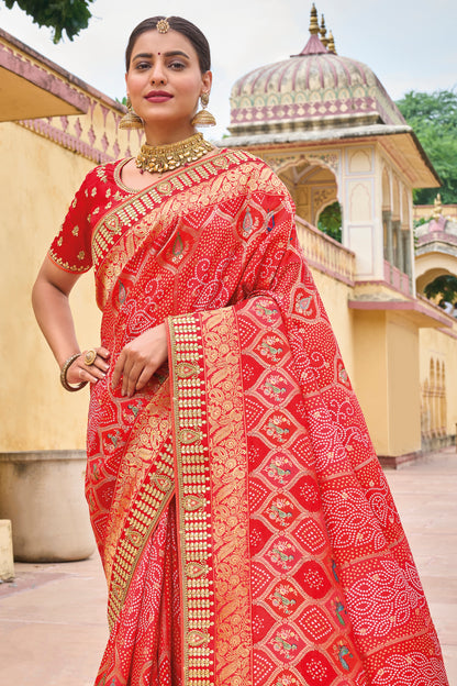 Strawberry Red Bandhani Style Soft Dola Silk Saree with Red Blouse