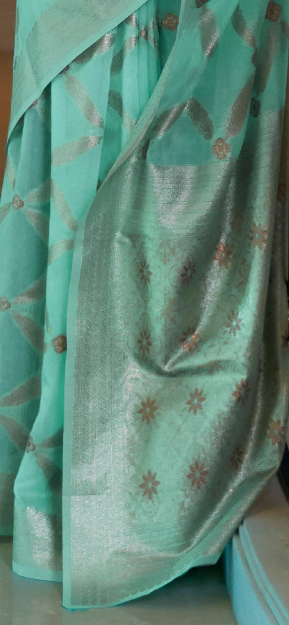 Powder Green Woven Banarasi Organza Saree with Zari Pallu