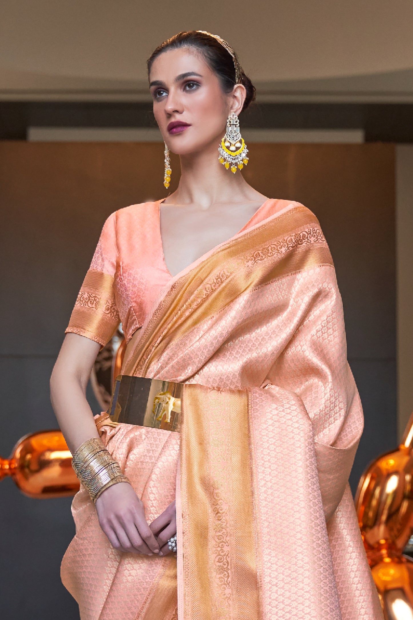 Goldfish Peach Kanjivaram Silk Saree with Antique Finish & Glossy Texture