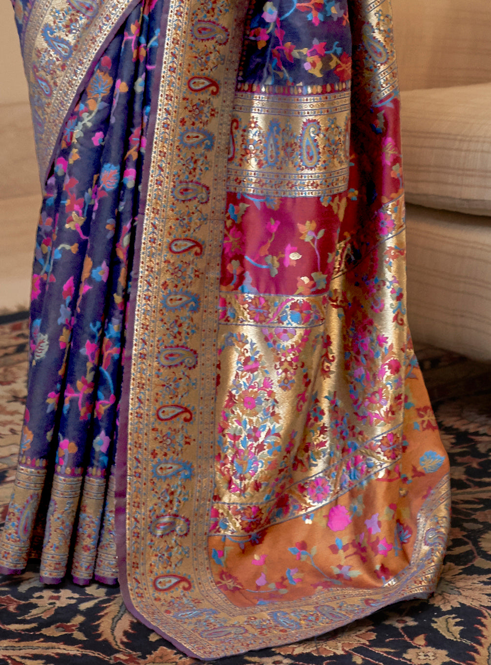 Navy Blue Kashmiri Handloom Modal Silk Woven Kani Saree for Weddings
