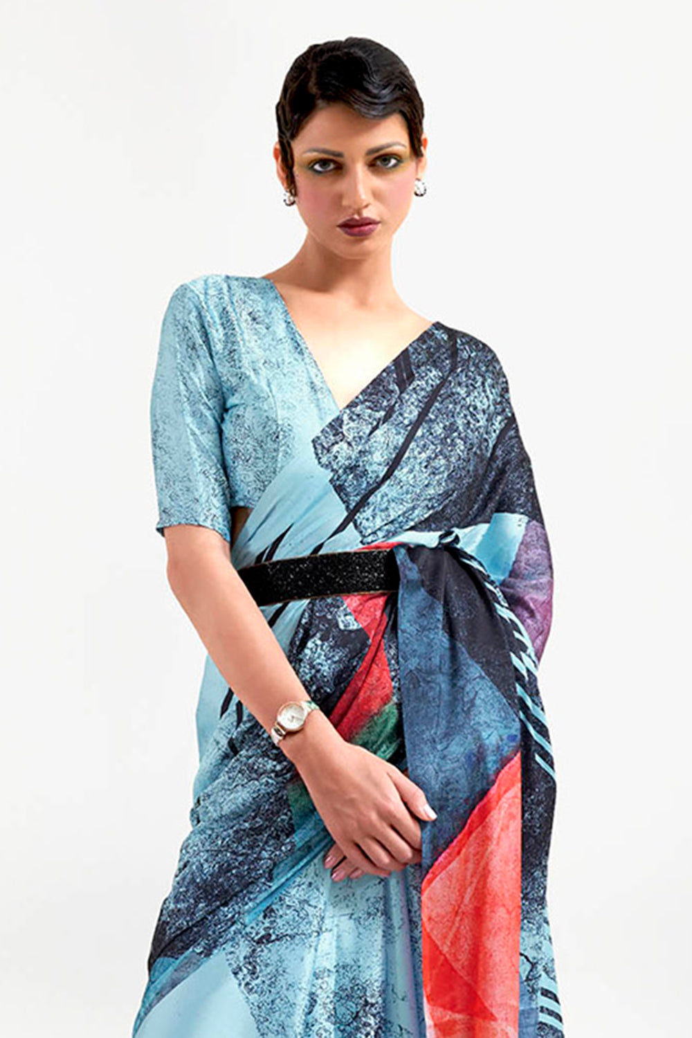 Light Blue with Black  Designer Pure Satin Silk Saree with Blouse