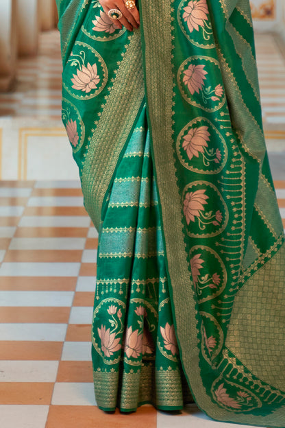 Spring Green Banarasi Silk Saree with Designer Blouse for Women