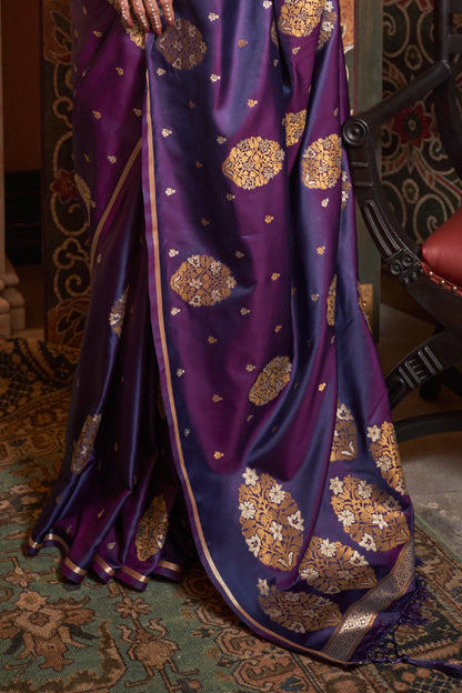 Royal Purple Pure Satin Weaving Silk Saree with Dual Zari Butti