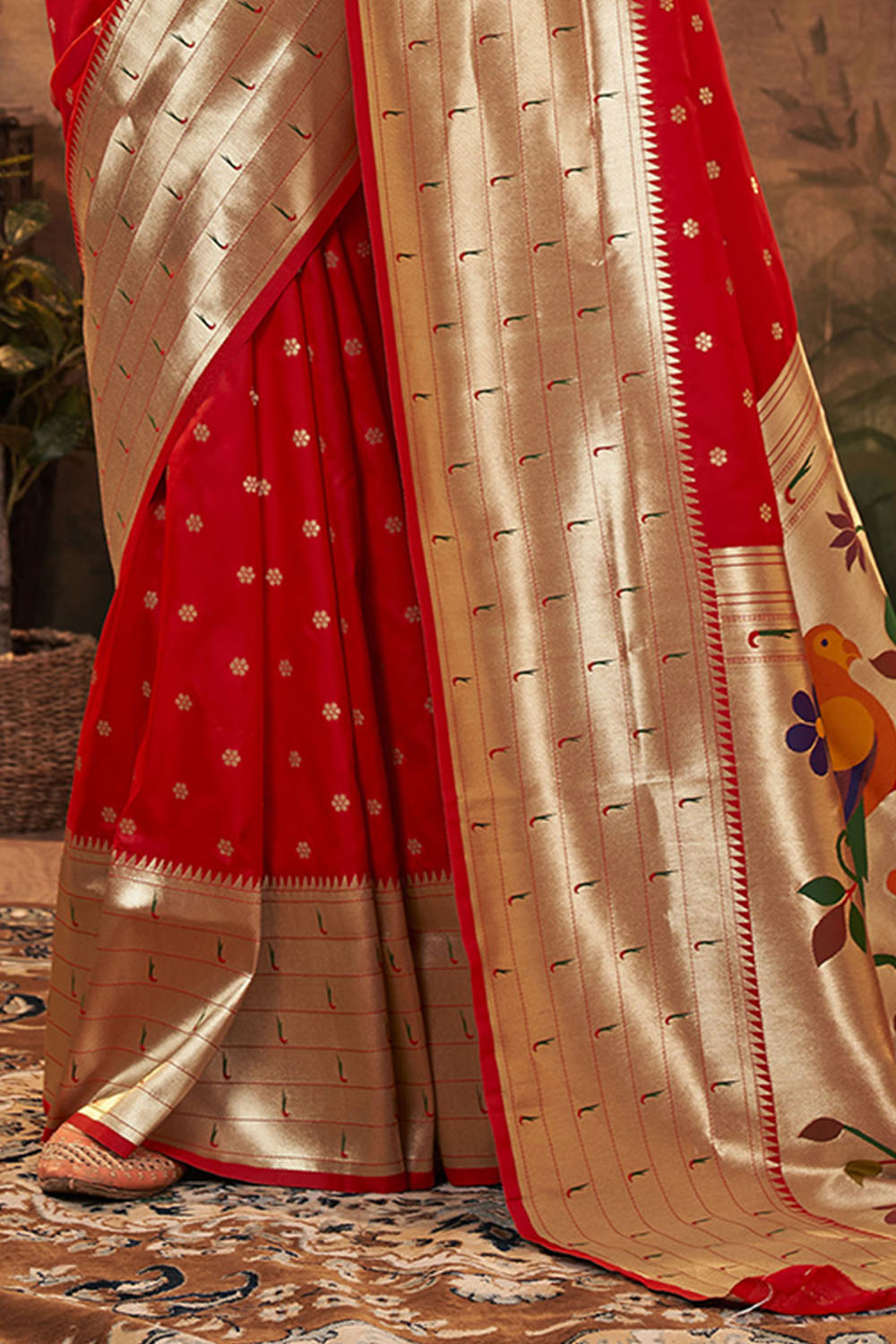 Apple Red Banarasi Paithani Saree with Parrot Pallu and Broad Zari Border