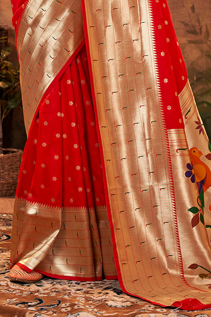 Apple Red Banarasi Paithani Saree with Parrot Pallu and Broad Zari Border