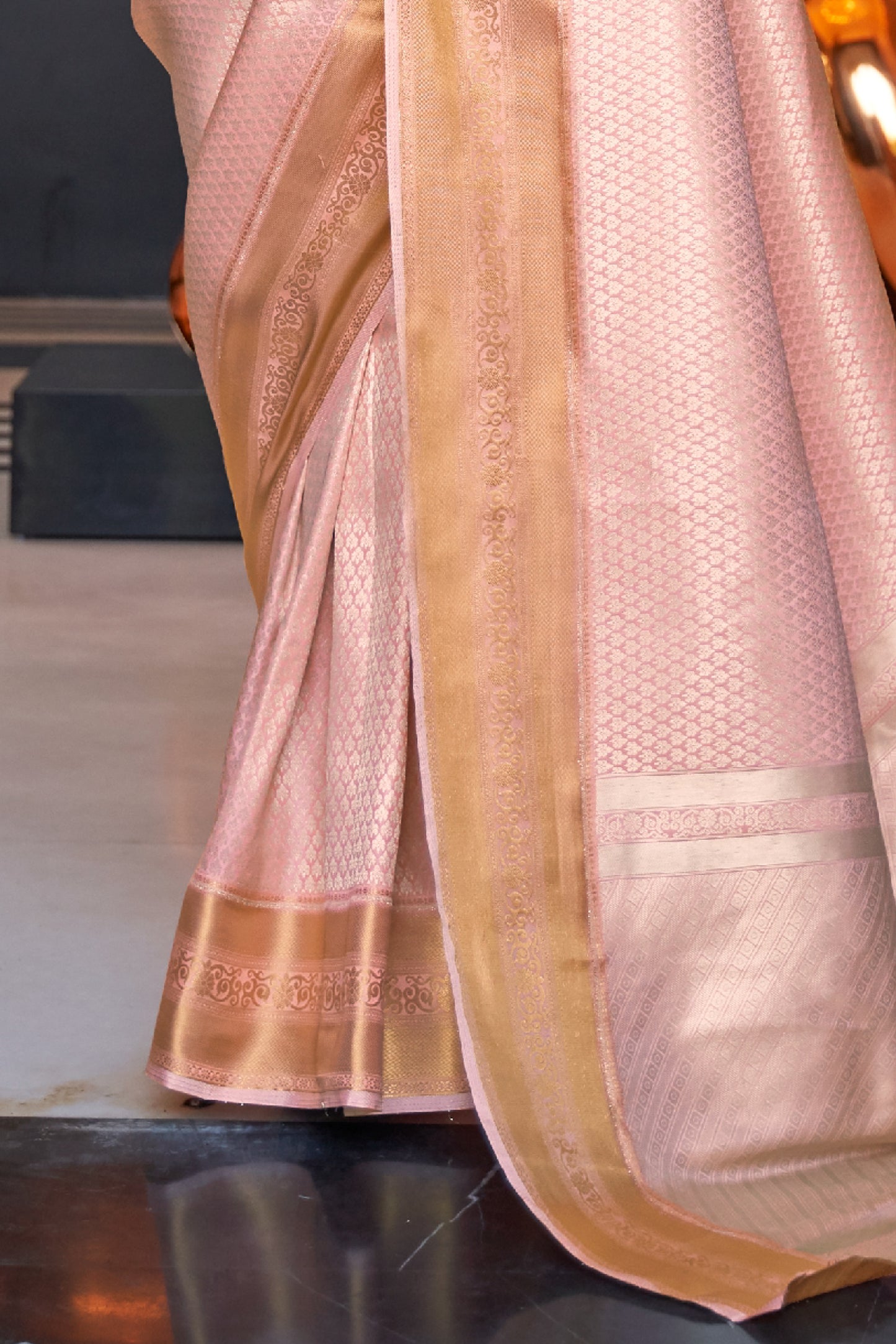 Goldfish Peach Kanjivaram Silk Saree with Antique Finish & Glossy Texture